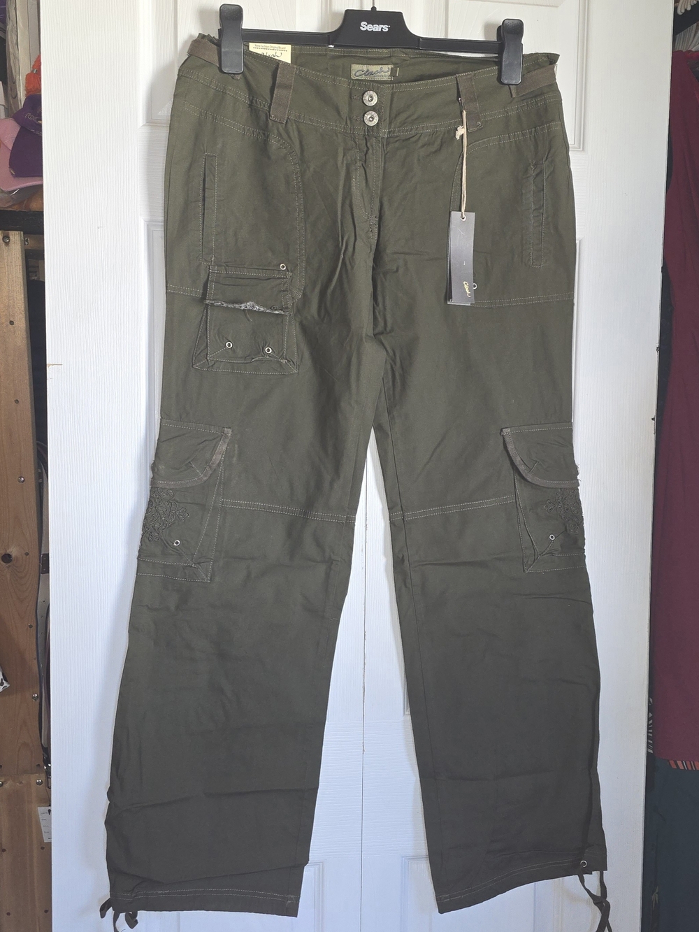 Cargo Trousers in Olive Green With Adjustable Inseam Tie
